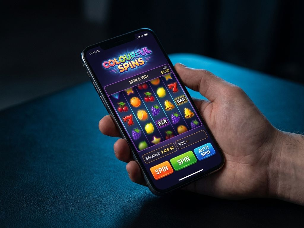 Smartphone displaying casino slots on dark background